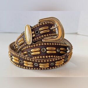 vintage ribco usa belt brown leather distressed gold studded western cowgirl